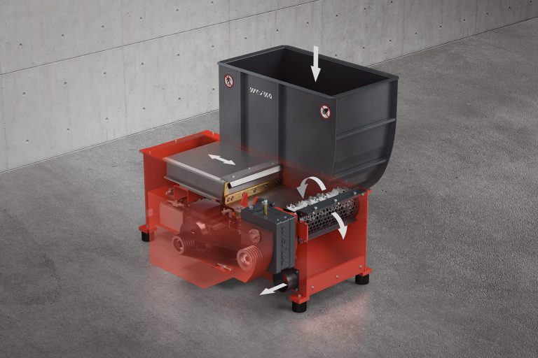 Gerendertes Bild des Einwellenzerkleinerers WEIMA WL 4 mit Röntgenansicht der Maschinenkomponenten