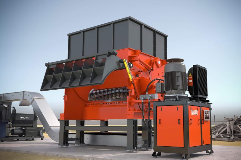 Opened inspection flap on the back of the WEIMA PowerLine shredder next to the Hägglunds Bosch Rexroth hydraulic drive