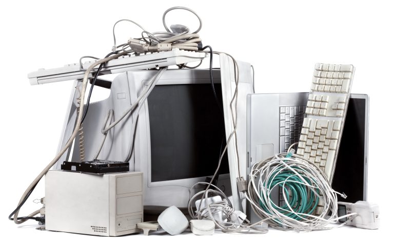 Computer, mouse, keyboard, cables, electronic waste, e-scrap, WEEE