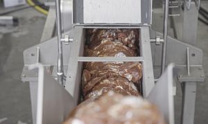 verpresste Ketchup Flaschen werden aus dem Entwässerer geschoben