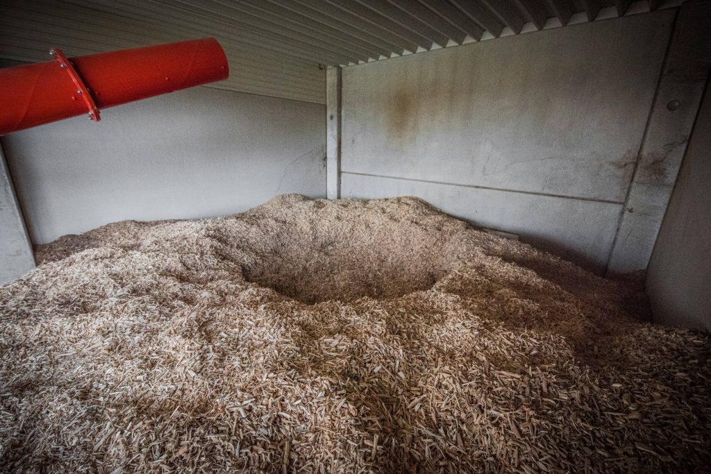 Chips shredded from pallets in a container