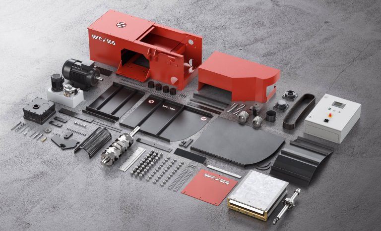 Flatlay picture of all parts of a WEIMA WL 4 single-shaft shredder