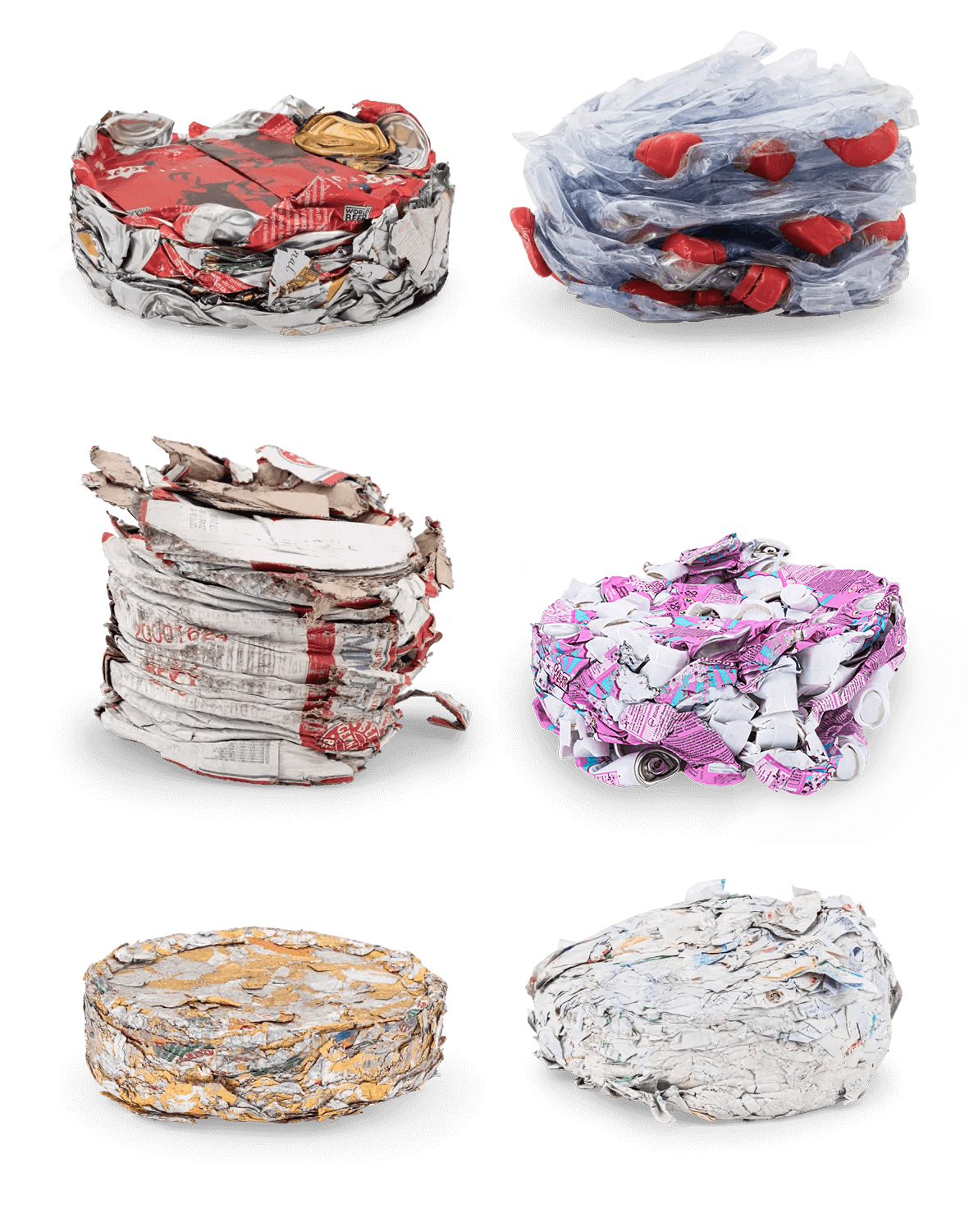 Overview with six discs from beer cans, PET bottles, paper, caprisun containers, labels and tags