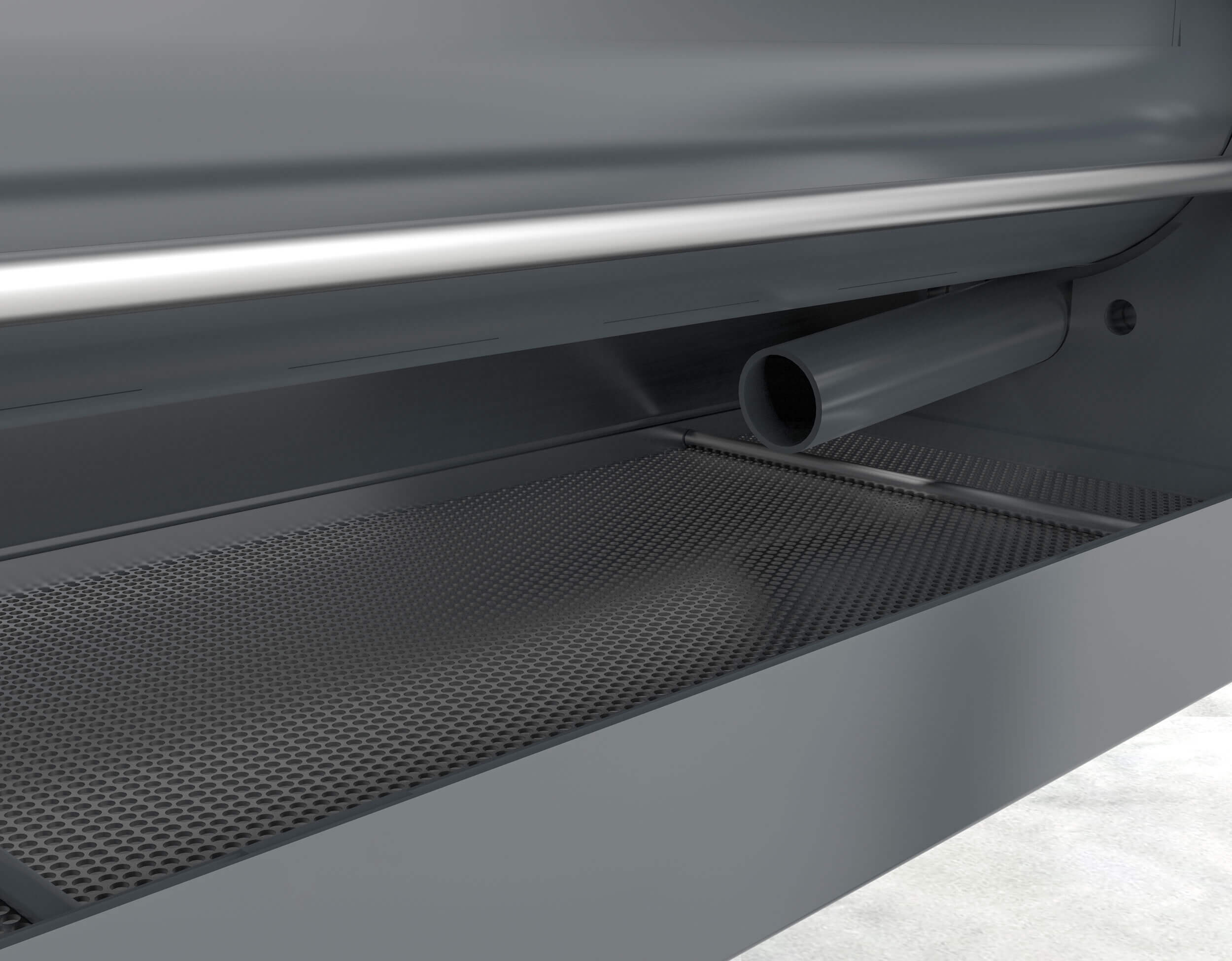 The collection tray of the WEIMA press can be seen. The pressed-out cooling lubricants, oils and emulsions are collected in it.