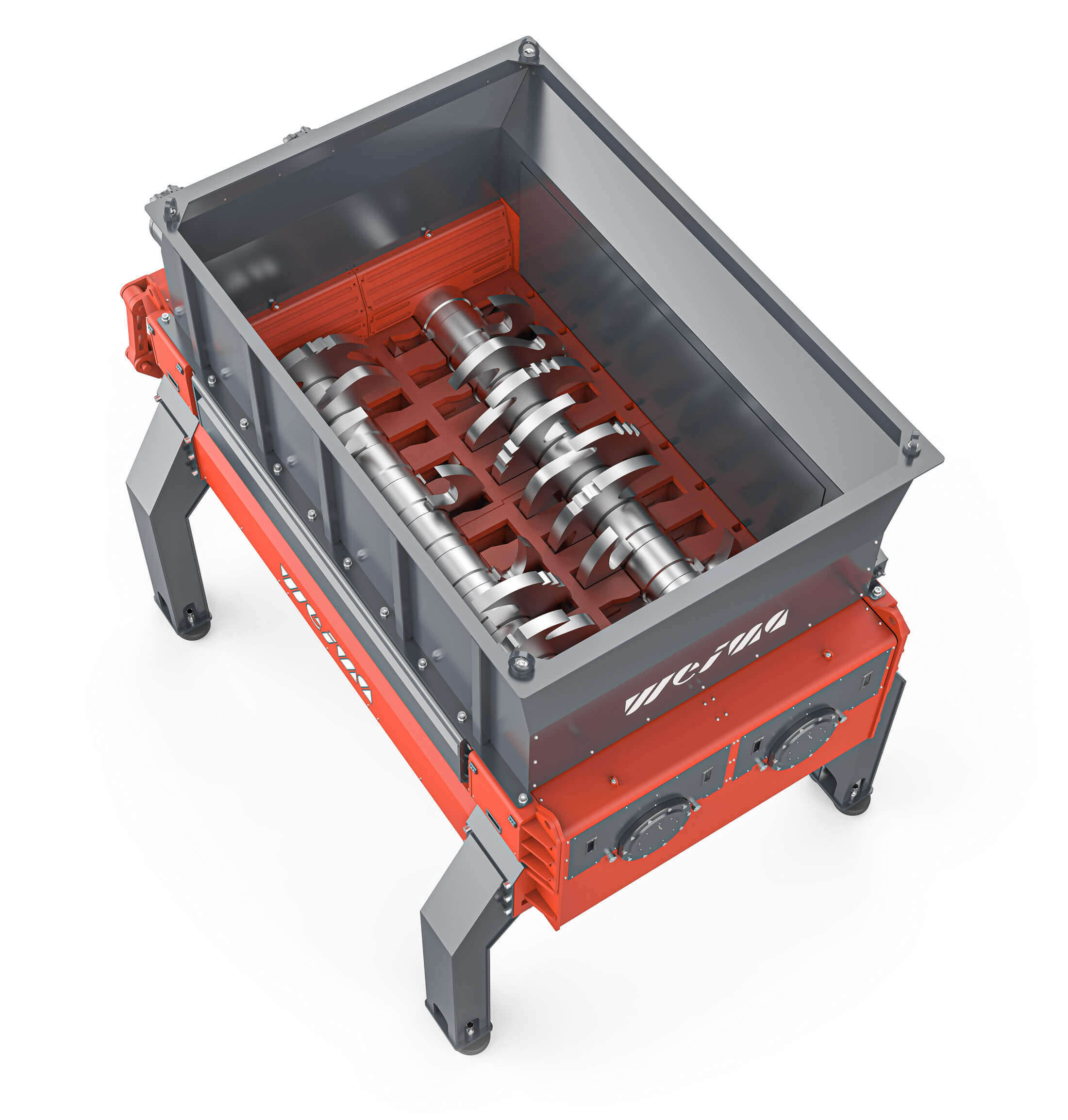 view down on a weima primary shredder with two shredding shafts