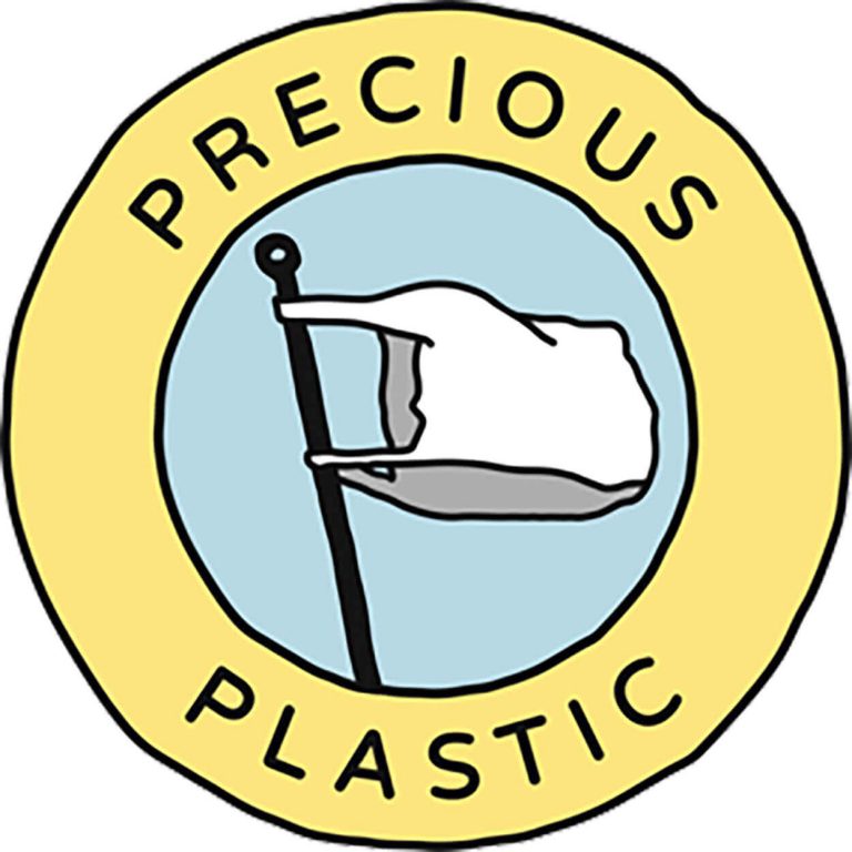 precious plastic logo with yellow circle, blue background with white plastic bag flag attached to black stick