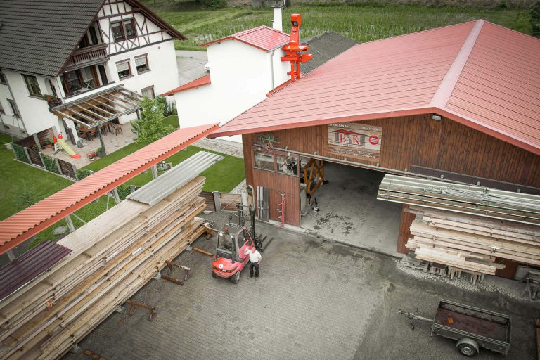 aerial view of Kreutner home left, wood shop right