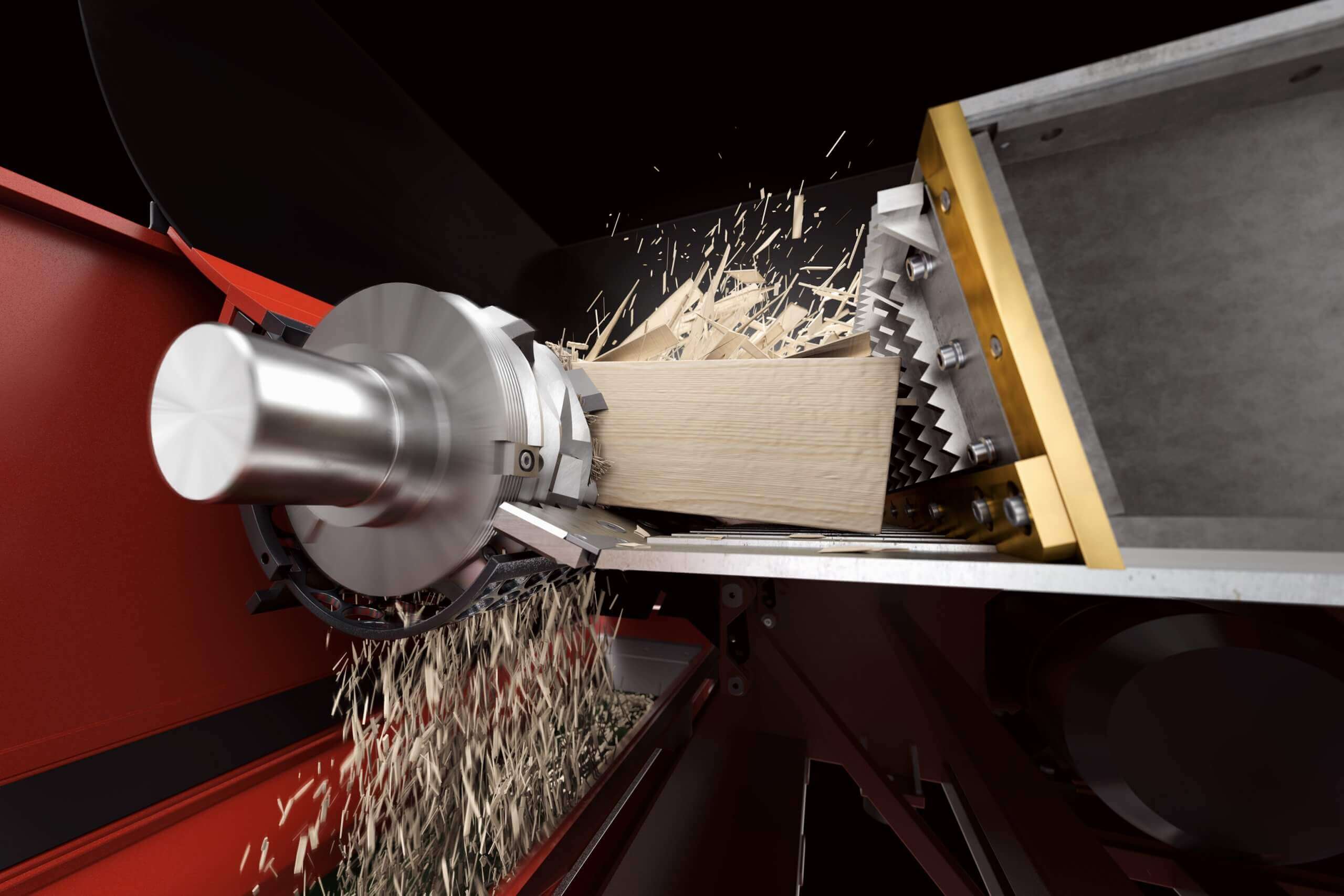 View inside a shredder cutting wood