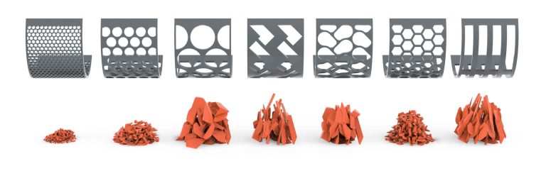 Frontal view of the different sieve types and how the material looks afterwards