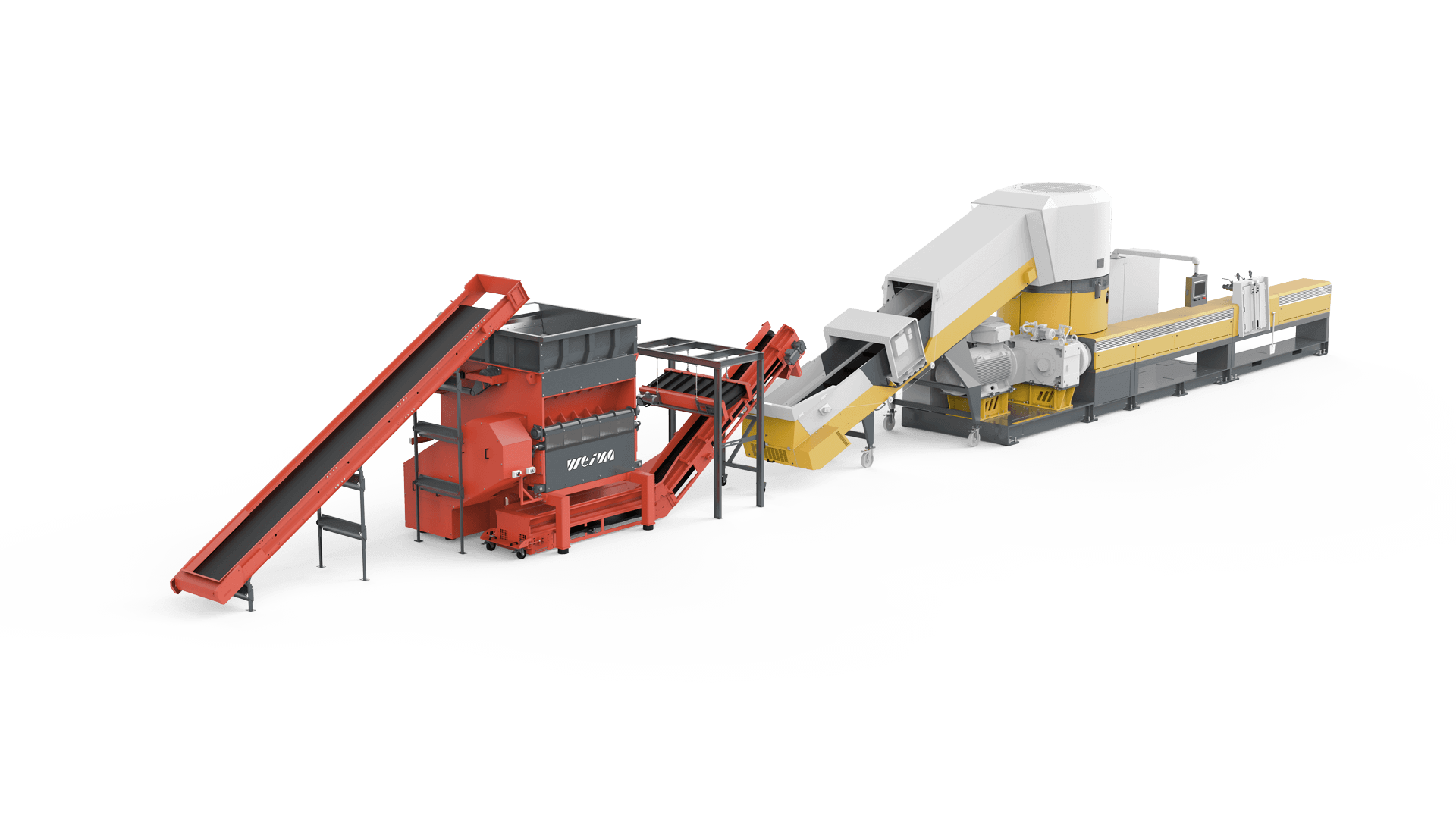 Mockup of an orange shredder and gray-yellow extruder connected to conveyor belts in a line