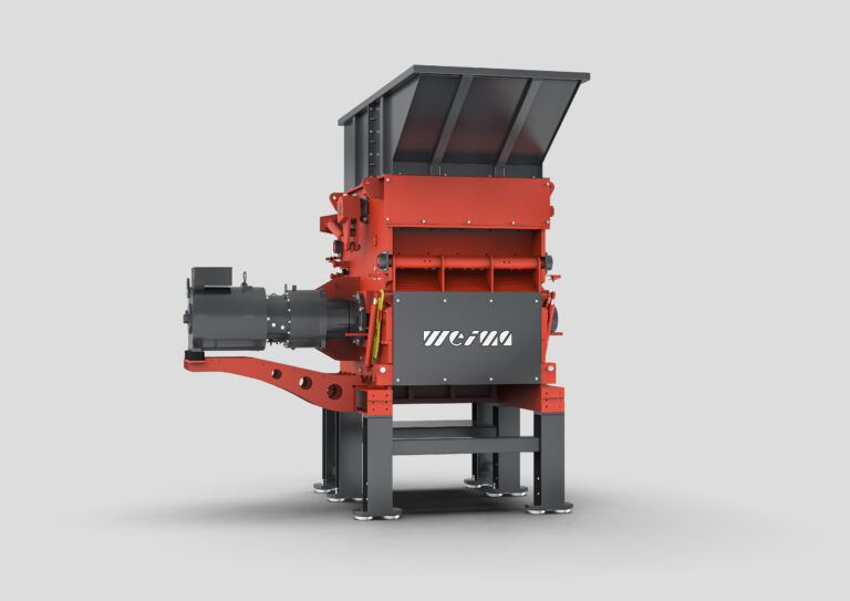 Ein Rendering einer orange-roten WEIMA Maschine mit großem Antrieb