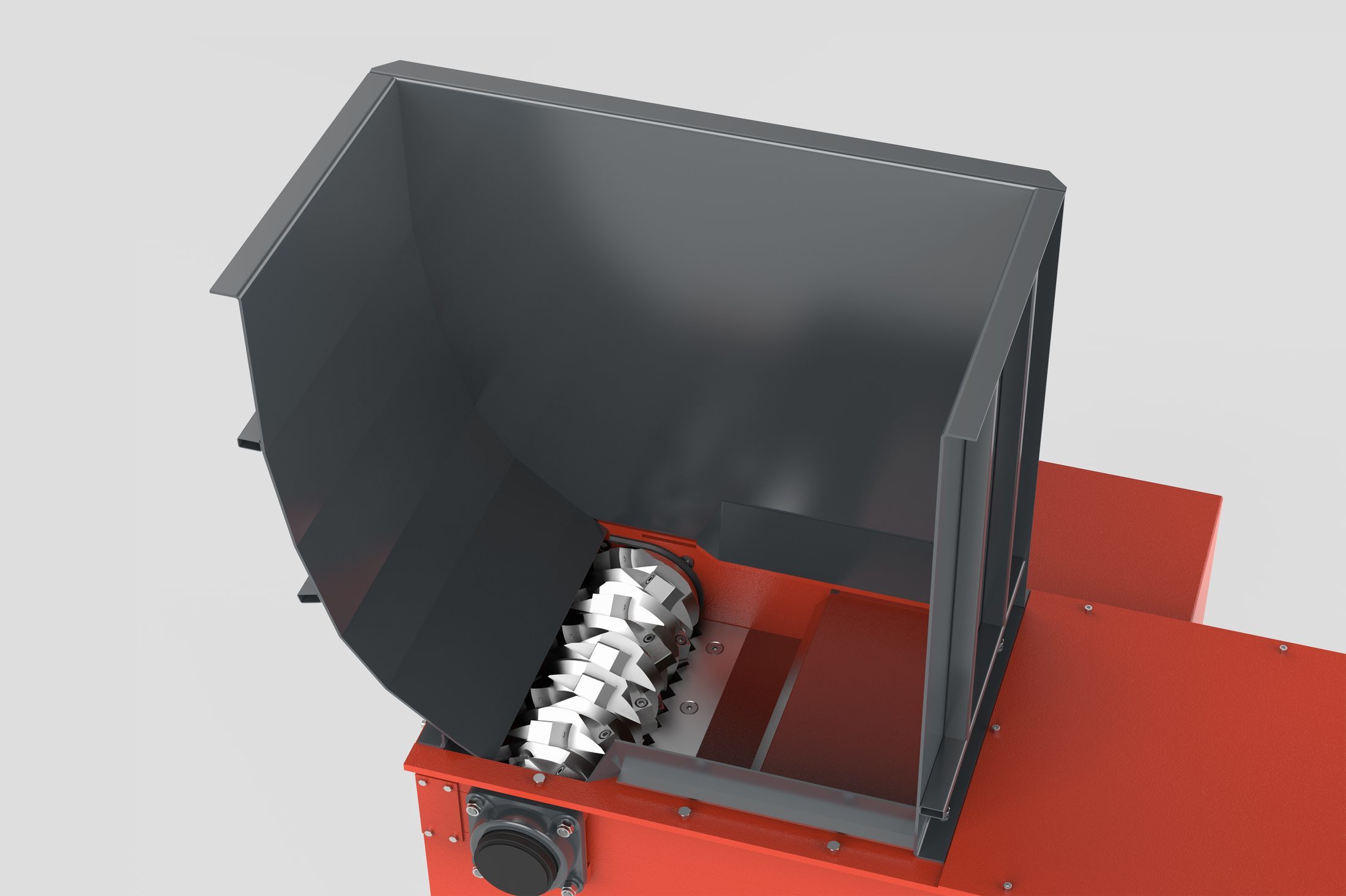 Querschnitt eines Trichter auf einem Shredder mit Sicht auf Schieber und Rotor
