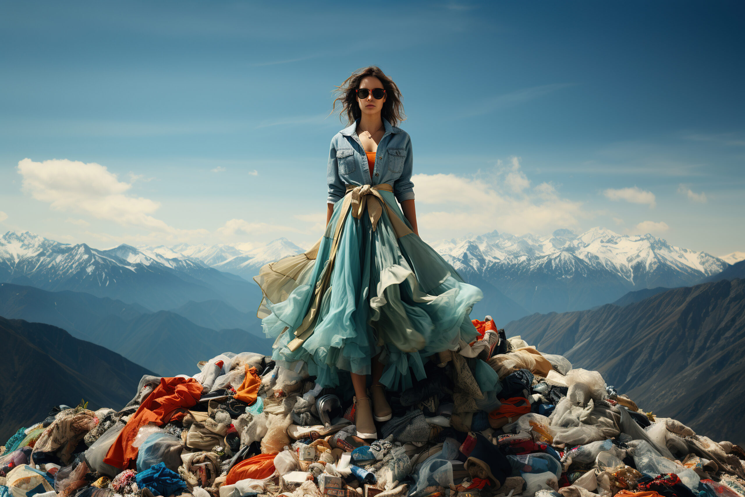 Eine Frau in einem modischen Kleid auf einem riesigen Stapel aus Textilien, Kleidung und Schuhen. Globaler Klimawandel, Umweltverschmutzung durch die Modeindustrie, Nachhaltigkeit und das Konzept der Wiederverwendung, generative KI