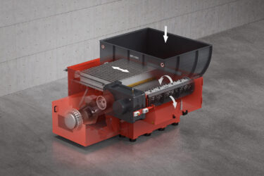 Rendered image of the WEIMA WLK 1500 single-shaft shredder with X-ray view of the machine components