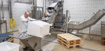 TetraPak Entwässerung mit einer PUEHLER Entwässerungspresse wird in die Maschine eingefüllt