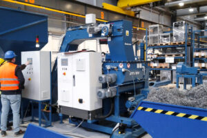 Blue weima metal briquette press next to loose steel turnings