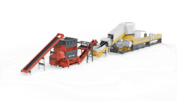 Mockup of an orange shredder and gray-yellow extruder connected to conveyor belts in a line