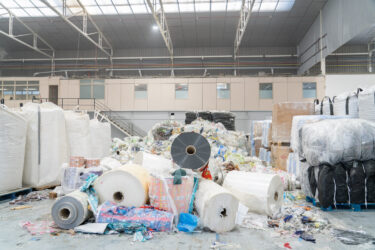 Various polypropylene and polyethylene residues from industry on the floor of a hall