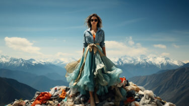 Woman in fashion dress on the large pile stack of textile fabric clothes and shoes. Global climate change, fashion industry pollution, sustainability and reuse cocnept, generative ai